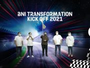 (Ki-Ka) Komisaris BNI Asmawi Syam, Komisaris Utama BNI Agus Martowardojo, Menteri BUMN RI Erick Thohir, Direktur Utama BNI Royke Tumilaar, dan Wakil Direktur Utama BNI Adi Sulistyowati pada BNI Transformation Kick Off 2021 di Jakarta, Rabu (27 Januari 2021).