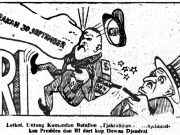 Ilustrasi kartun editorial dari halaman depan surat kabar “Harian Rakyat" terbitan 2 Oktober 1965 (Sumber: Wikipedia)