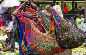 Wanita Papua membawa barang keperluan sehari-hari dengan noken