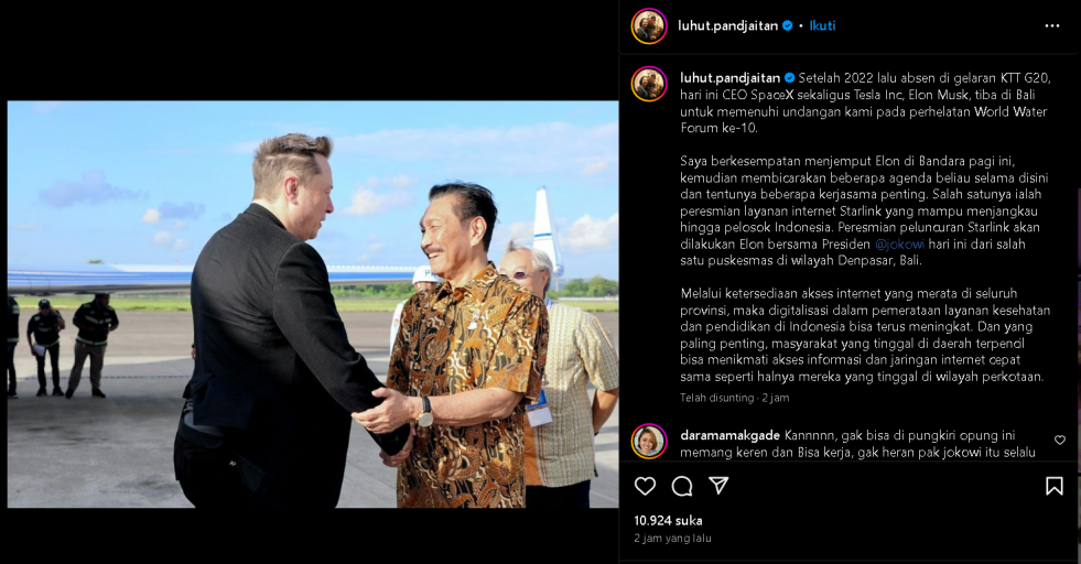 Elon Musk Kunjungi Bali Untuk Resmikan Peluncuran Starlink - Koran Sulindo