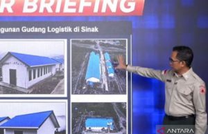 Kepala Pusat Data, Informasi dan Komunikasi Kebencanaan BNPB Abdul Muhari menunjukkan bangunan gudang makanan di Kecamatan Sinak, Kabupaten Puncak, Papua Tengah dalam disaster briefing, Senin (5/7/2024).(ANTARA/M RIEZKO BIMA ELKO PRASETYO)