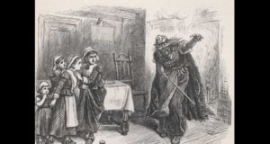 Ilustrasi yang menunjukkan Tituba melakukan aksi sihir untuk Betty Parris, Abigail Williams, dan anak-anak lainnya di dapur rumah Pendeta Samuel Parris. (Sumber: Salem Witch Trials Documentary Archive and Transcription Project)