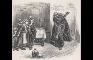 Ilustrasi yang menunjukkan Tituba melakukan aksi sihir untuk Betty Parris, Abigail Williams, dan anak-anak lainnya di dapur rumah Pendeta Samuel Parris. (Sumber: Salem Witch Trials Documentary Archive and Transcription Project)