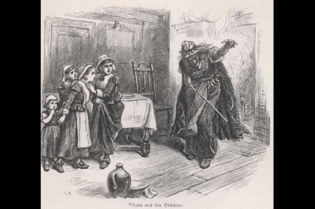 Ilustrasi yang menunjukkan Tituba melakukan aksi sihir untuk Betty Parris, Abigail Williams, dan anak-anak lainnya di dapur rumah Pendeta Samuel Parris. (Sumber: Salem Witch Trials Documentary Archive and Transcription Project)