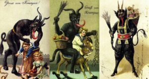 Kartu-kartu ucapan yang menunjukkan Krampus menghukum anak-anak nakal sebelum Natal. (Sumber: Sulindo/Benedict Pietersz)