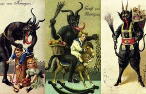 Kartu-kartu ucapan yang menunjukkan Krampus menghukum anak-anak nakal sebelum Natal. (Sumber: Sulindo/Benedict Pietersz)