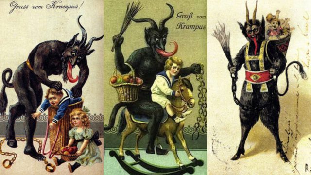 Kartu-kartu ucapan yang menunjukkan Krampus menghukum anak-anak nakal sebelum Natal. (Sumber: Sulindo/Benedict Pietersz)