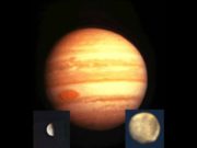 Gambar Jupiter dan dua bulan terbesarnya, Europa (kiri) dan Ganymede (kanan) yang dipancarkan oleh Pioneer 10. (Sumber: nasa.gov)