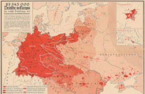 Peta yang dibuat oleh kartografer Nazi Arnold Hillen-Ziegfeld pada tahun 1938 untuk membuktikan keberadaan 87.545.000 penduduk asal Jerman di Eropa Tengah dan Timur. Warna merah menunjukkan kepadatan populasi Jermanik di Eropa Timur dan Barat Laut. Peta-peta semacam ini digunakan oleh propagandis Nazi untuk menjelaskan Lebensraum secara visual. (Sumber: Redalyc)