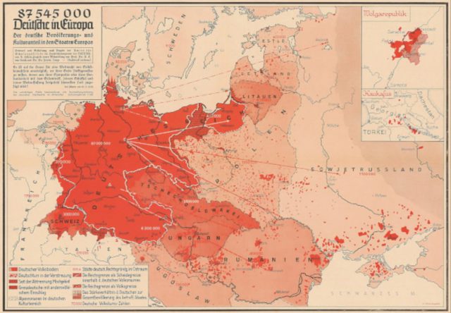 Peta yang dibuat oleh kartografer Nazi Arnold Hillen-Ziegfeld pada tahun 1938 untuk membuktikan keberadaan 87.545.000 penduduk asal Jerman di Eropa Tengah dan Timur. Warna merah menunjukkan kepadatan populasi Jermanik di Eropa Timur dan Barat Laut. Peta-peta semacam ini digunakan oleh propagandis Nazi untuk menjelaskan Lebensraum secara visual. (Sumber: Redalyc)