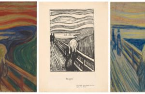 Tiga versi The Scream karya Edvard Munch: Tempera dan cat minyak di atas karton (1910?), Litograf (1895), dan Krayon di atas karton (1893). (Sumber: Munchmuseet)