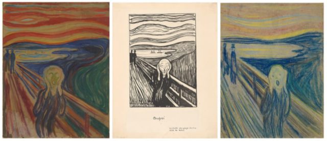 Tiga versi The Scream karya Edvard Munch: Tempera dan cat minyak di atas karton (1910?), Litograf (1895), dan Krayon di atas karton (1893). (Sumber: Munchmuseet)