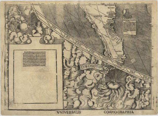 Nama “America” terlihat di bagian atas peta buatan Martin Waldseemüller dari tahun 1507. (Sumber: Library of Congress)