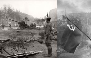 Pasukan Soviet bersiap menembakkan artileri (kiri) dan Bendera Kemenangan di atas Reichstag (kanan). Selama Pertempuran Berlin, Uni Soviet mengerahkan tak kurang dari 192 divisi penuh dengan 2,06 juta pasukan tempur. (Sumber: Sulindo/Benedict Pietersz)