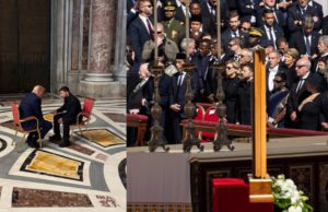 Trump dan Zelenskyy berdiskusi (kiri) dan Zelenskyy menempati kursi di barisan depan bersama istrinya, Olena, selama prosesi pemakaman Paus Fransiskus (kanan). Zelenskyy membagikan kedua foto ini di kanal Telegramnya. (Sumber: Sulindo/Benedict Pietersz)
