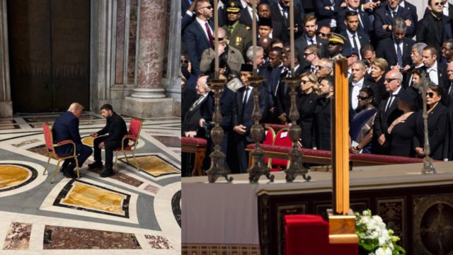 Trump dan Zelenskyy berdiskusi (kiri) dan Zelenskyy menempati kursi di barisan depan bersama istrinya, Olena, selama prosesi pemakaman Paus Fransiskus (kanan). Zelenskyy membagikan kedua foto ini di kanal Telegramnya. (Sumber: Sulindo/Benedict Pietersz)