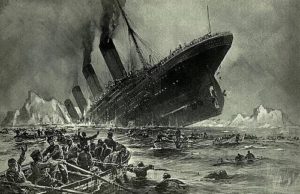 Tenggelamnya Titanic yang dilukiskan dalam Untergang der Titanic, ilustrasi tahun 1912 karya Willy Stöwer. (Wikipedia)
